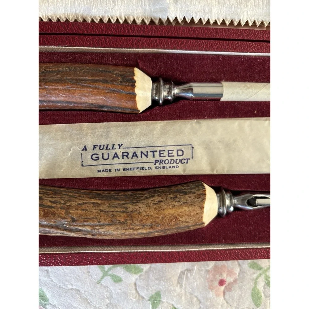 Lewis & Rose Co. Carved Stag Horn Cutlery Carving Set Sheffield‎ England